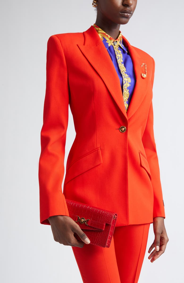 Versace Medusa Croc Embossed Leather Wallet on a Chain, Alternate, color, Red Versace Gold