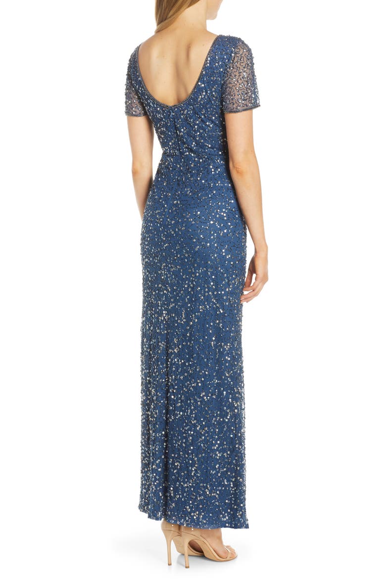 Short Sleeve Beaded Evening Dress, Alternate, color, PETROL BLUE
