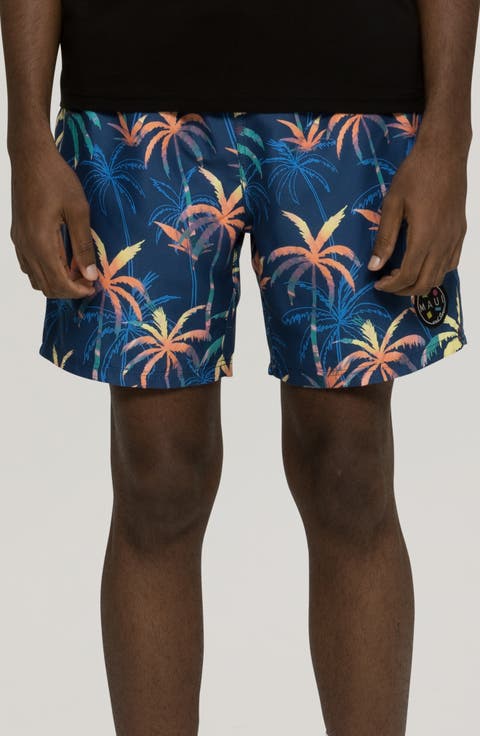 Wilder Palm Tree Print Microfiber Swim Trunks