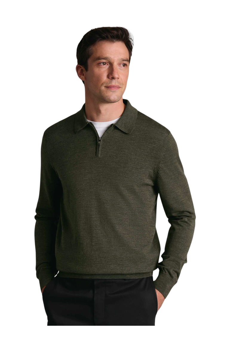 Merino Zip Polo Neck Long sleeve, Main, color, Olive Green