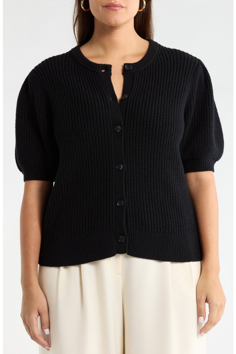 Puff Sleeve Cotton & Merino Wool Cardigan, Alternate, color, BLACK