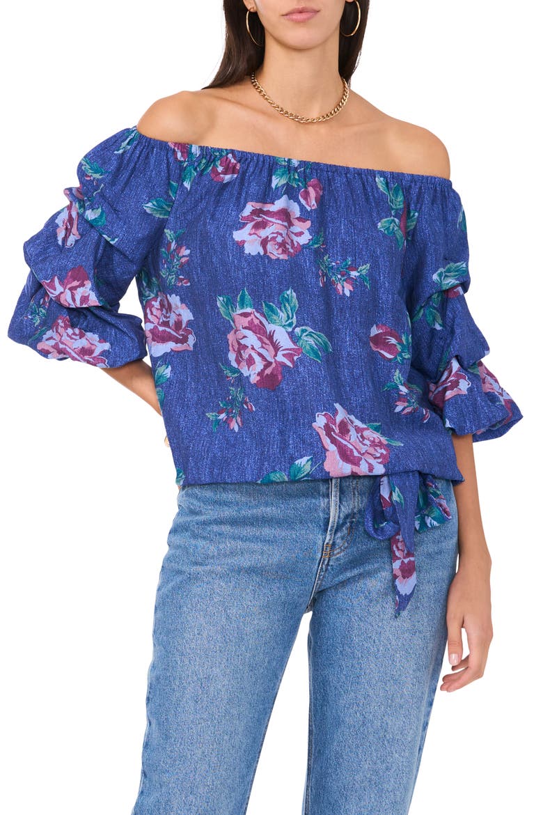 Floral Off the Shoulder Bubble Sleeve Top, Main, color, DUSTY LAVENDER