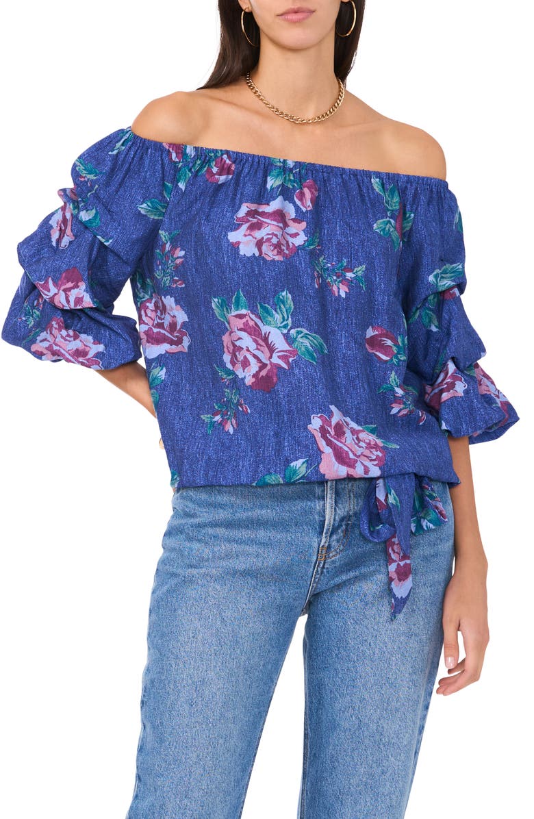 Vince Camuto Floral Off the Shoulder Bubble Sleeve Top, Main, color, Dusty Lavender