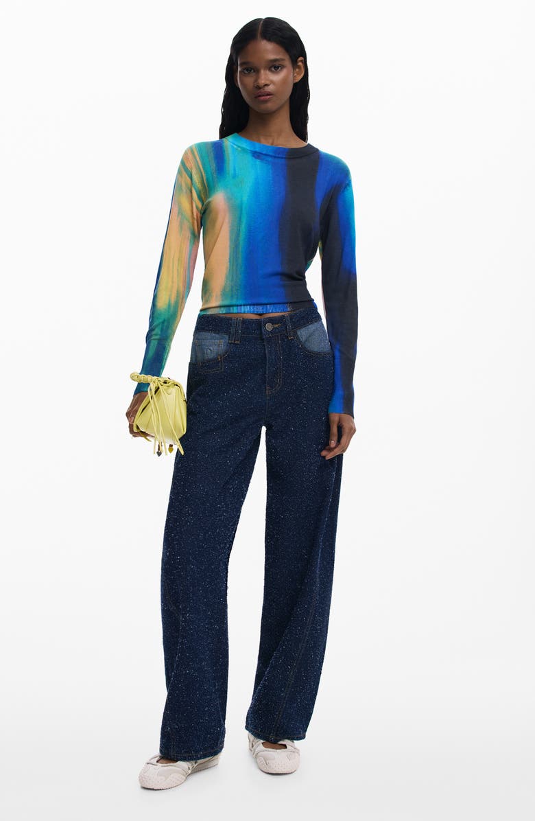 Desigual Abstract Print Fine Gauge Crewneck Sweater, Alternate, color, Blue