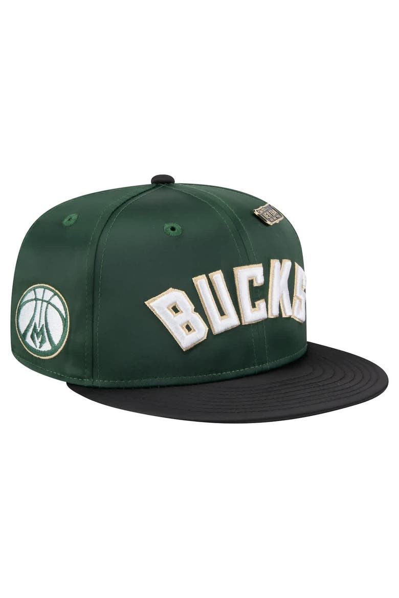 Men's New Era  Hunter Green/Black Milwaukee Bucks Throwback Satin Vintage Pin Two-Tone 59FIFTY Fitted Hat, Alternate, color, Hunter Green