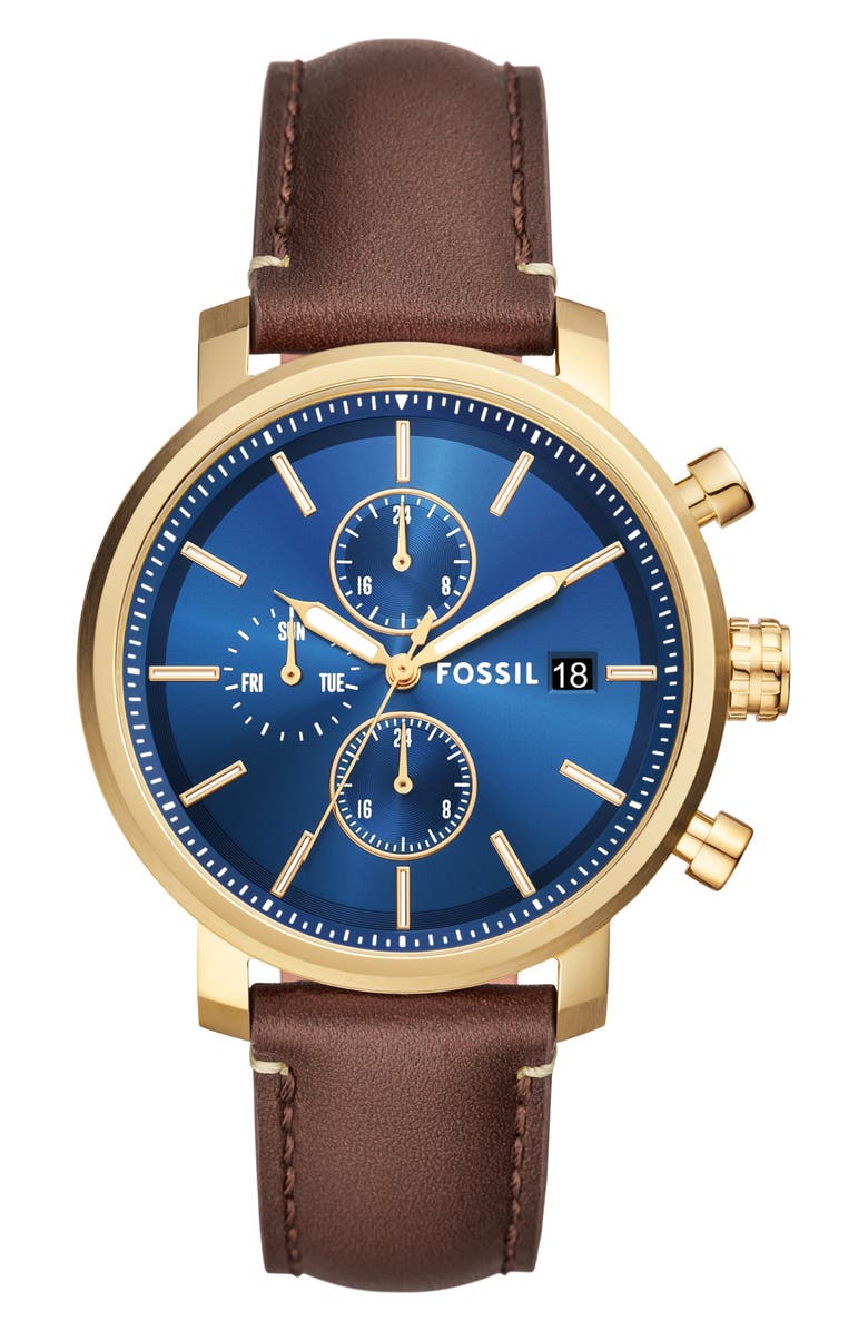Fossil Rhett Leather Strap Watch, 43mm, Main, color, Gold