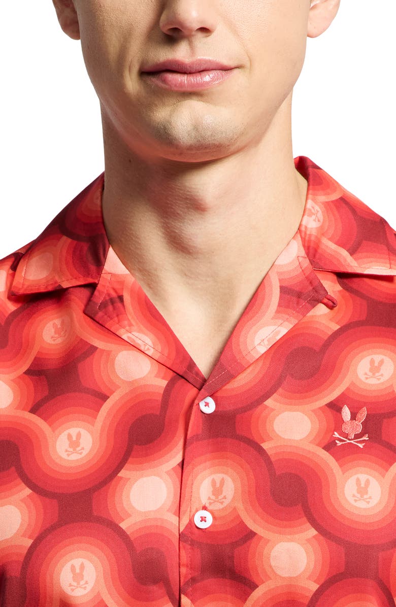 Psycho Bunny Paros Wave Print Lyocell Camp Shirt, Alternate, color, Hot Coral
