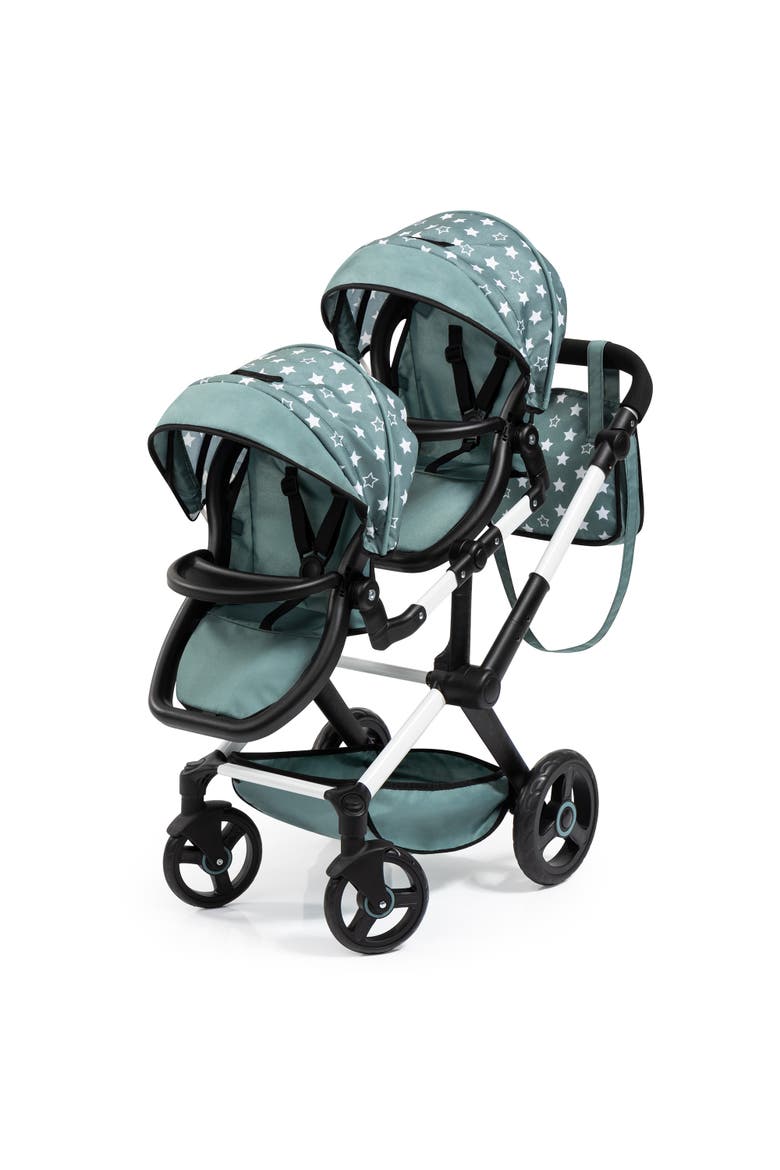 Pram Xeo Twin, Green & White Stars, Seats 2 Dolls Up to 18 Inch, Main, color, Multicolored