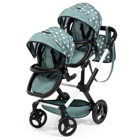 Pram Xeo Twin, Green & White Stars, Seats 2 Dolls Up to 18 Inch