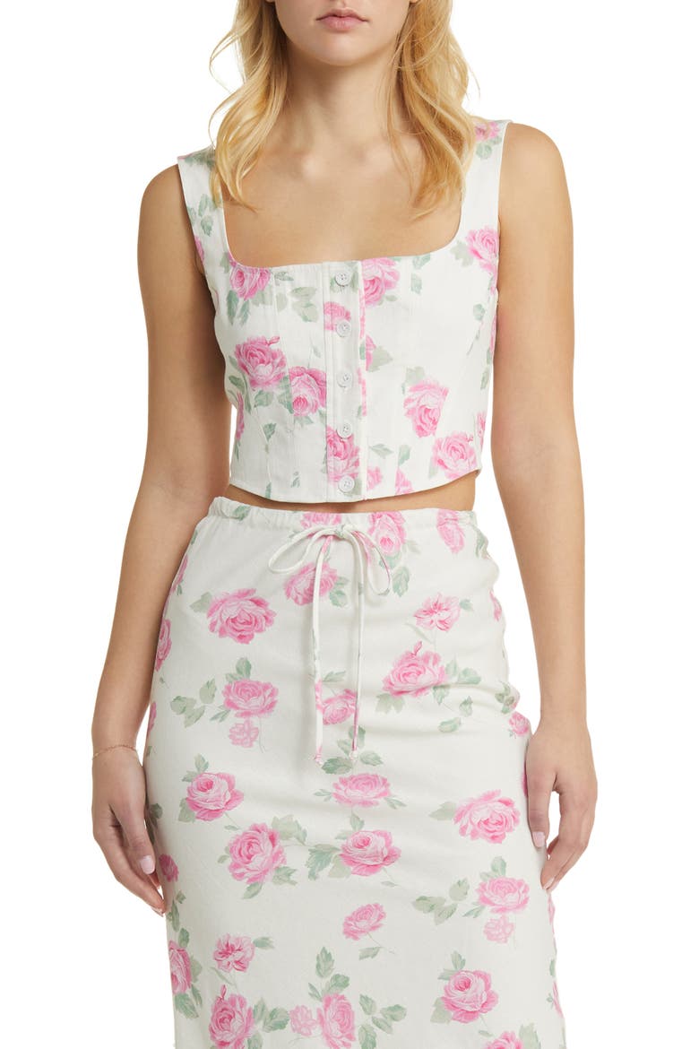 Romeo Floral Linen Blend Crop Top, Main, color, IVORY ROSES