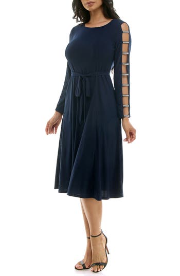 Nina Leonard Sylvia Rhinestone Long Sleeve Dress In Navy