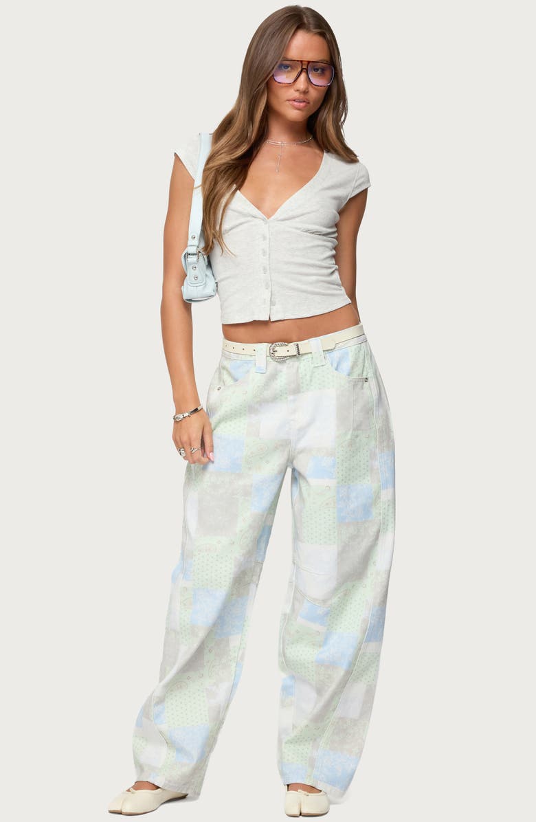 EDIKTED Alza Crop Stretch Cotton Blend Button-Up Shirt, Alternate, color, Gray-Melange