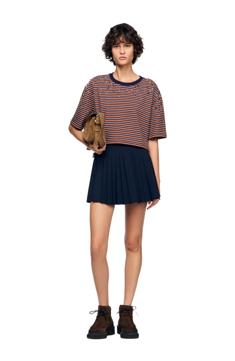 SANDRO Striped rhinestone T-shirt, Alternate, color, Brown / Deep Blu