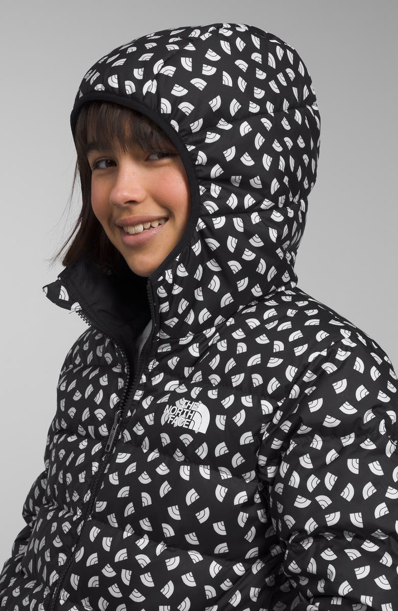The North Face Kids' Reversible Hooded 600-Fill Power Down Jacket, Alternate, color, Tnf Black/ Tnf Mini Toss Print