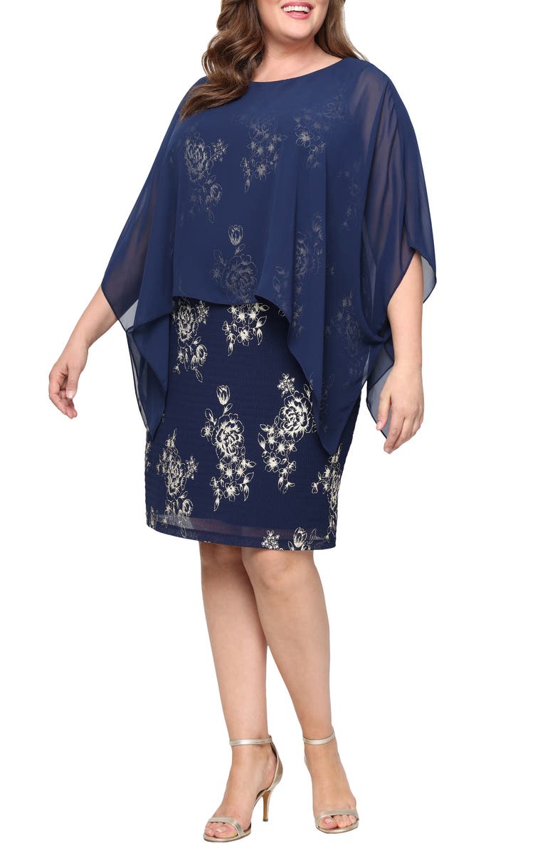 SL FASHIONS Metallic Floral Cocktal Dress with Chiffon Overlay, Main, color, Navy Gold