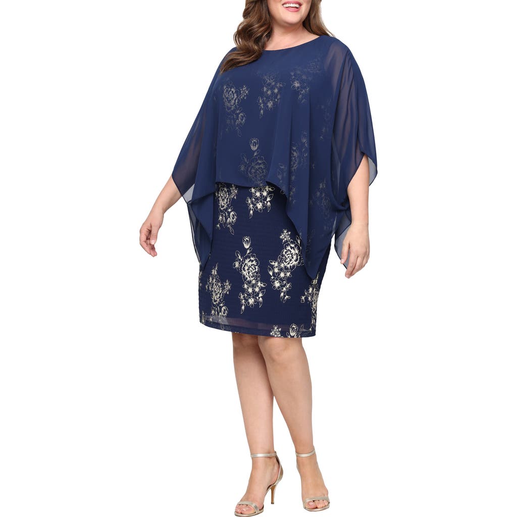 Sl Fashions Metallic Floral Cocktal Dress With Chiffon Overlay