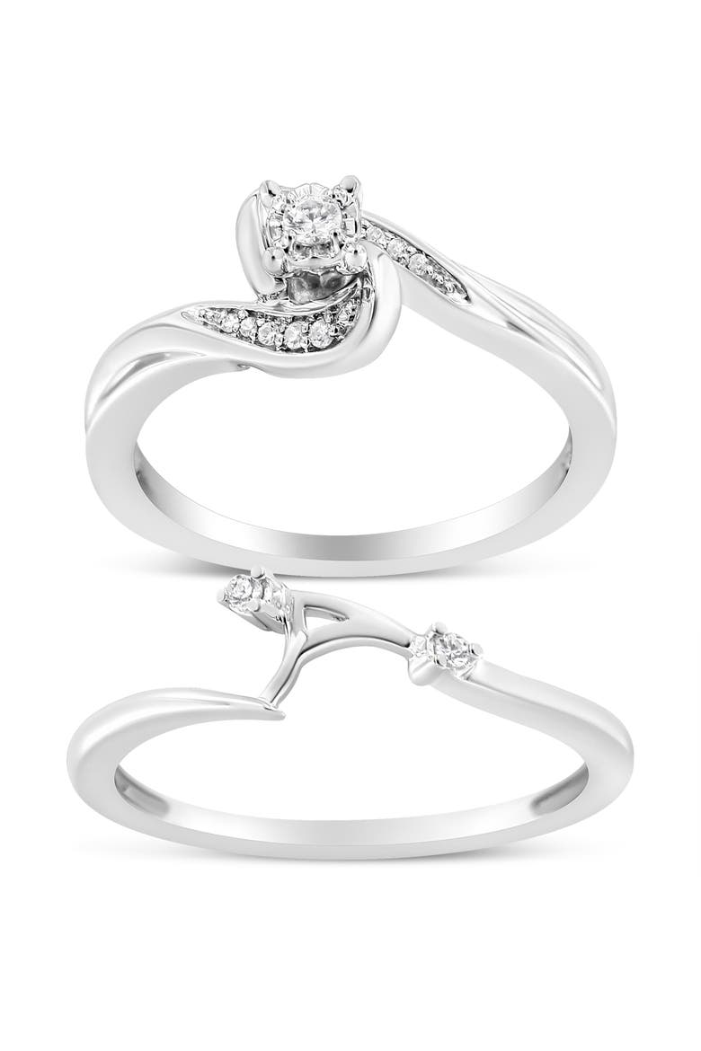 Silver 1/10 Cttw Diamond Swirl and Bypass Bridal Set Ring and Band, Main, color, White