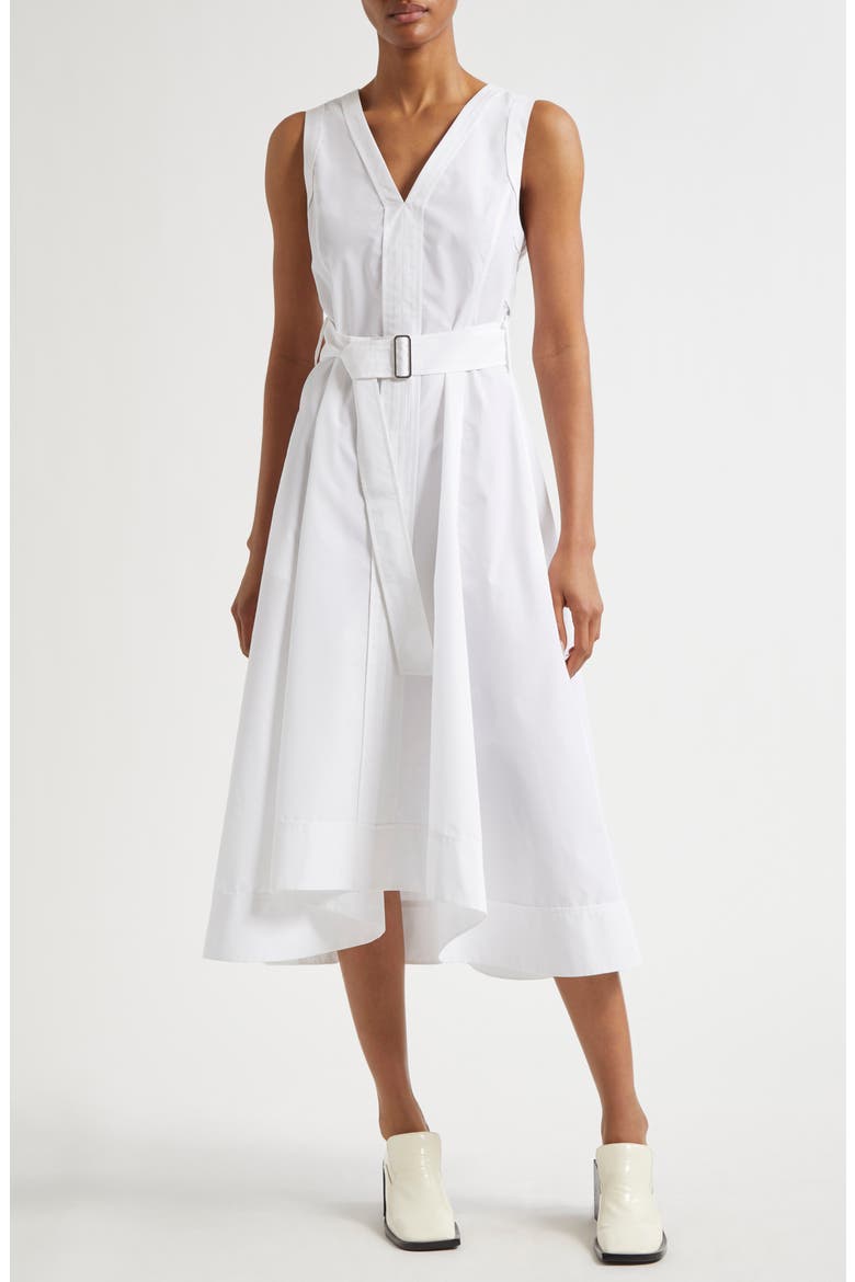 Sleeveless Belted Cotton Blend Midi Dress, Alternate, color, WHITE