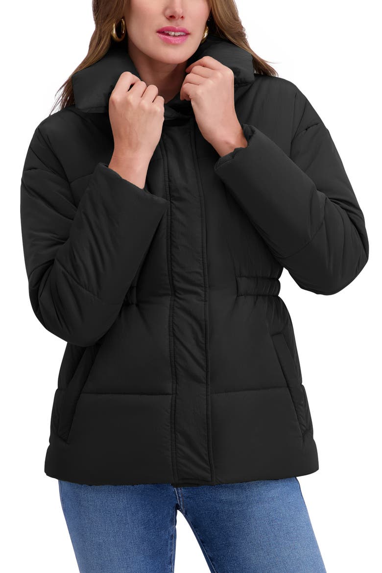 Envelope Collar Puffer Coat, Alternate, color, BLACK