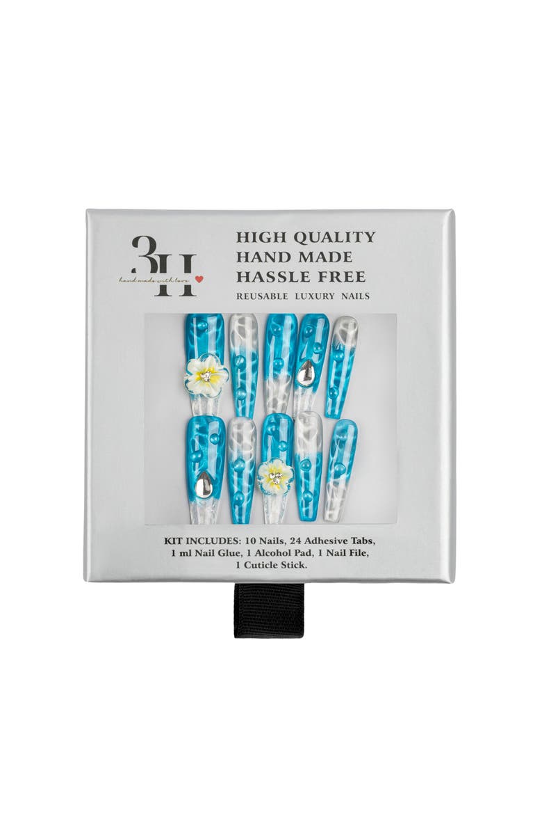 Paradise Flower Luxury Handmade Press On Nails, Main, color, Cyan