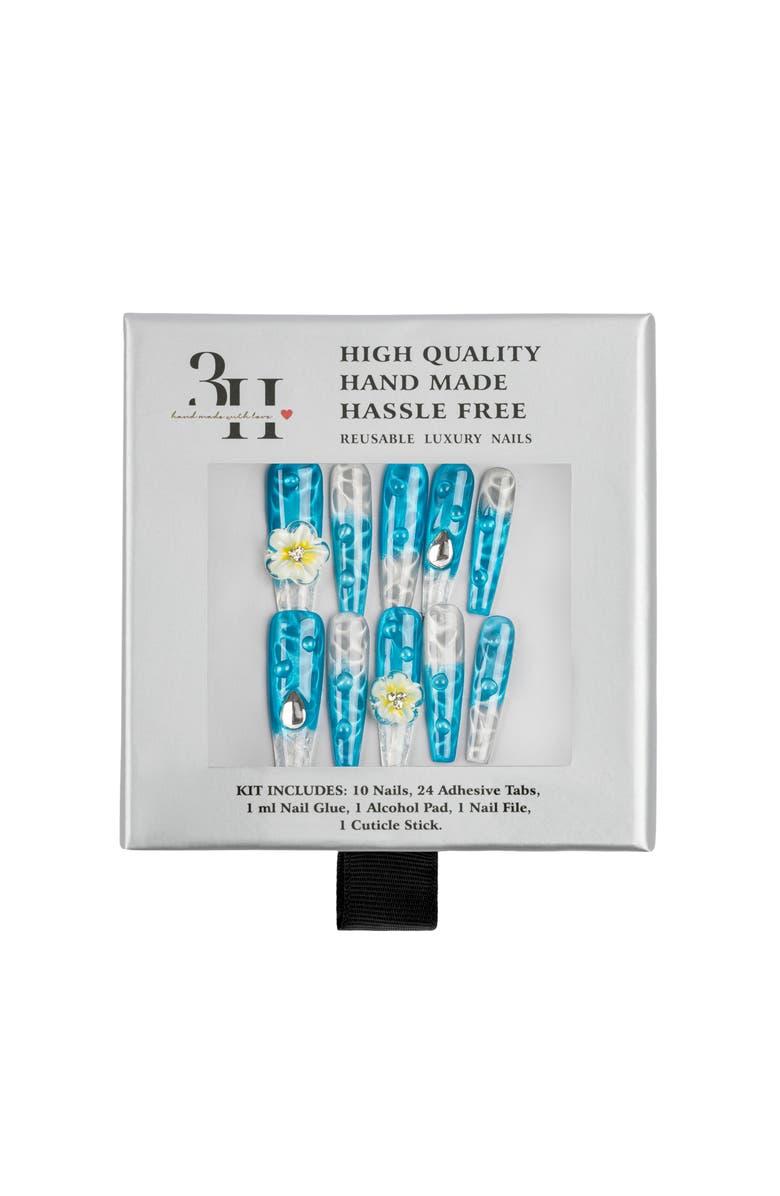 3H Nails Paradise Flower Luxury Handmade Press On Nails, Main, color, Cyan