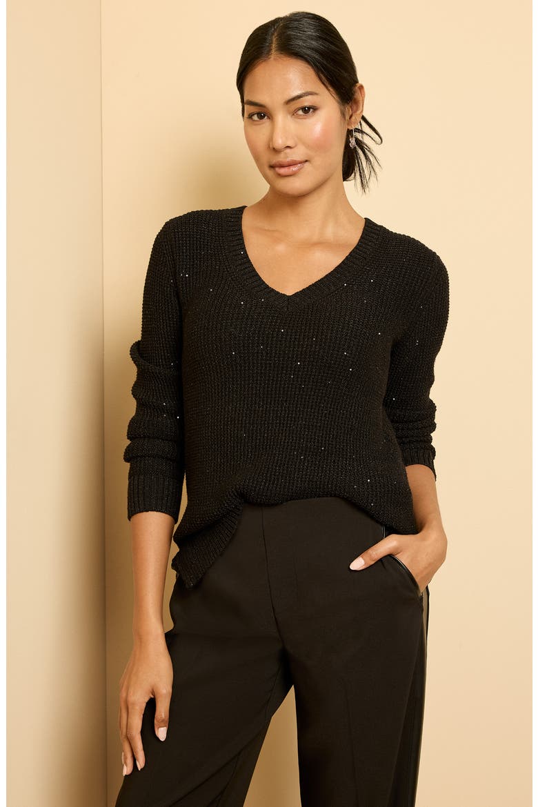 Shimmer V-Neck Waffle Stitch Sweater, Alternate, color, BLACK ONYX