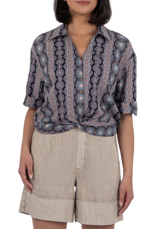 Rebel Printed Knot Front Linen Blend Top