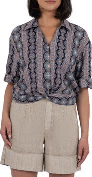 KUT from the Kloth Rebel Printed Knot Front Linen Blend Top