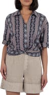 KUT from the Kloth Rebel Printed Knot Front Linen Blend Top