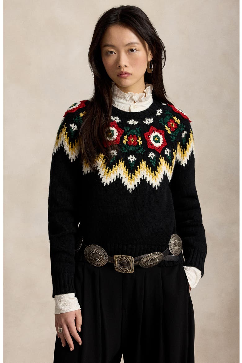 Crocheted Floral Wool & Cotton Sweater, Alternate, color, BLACK