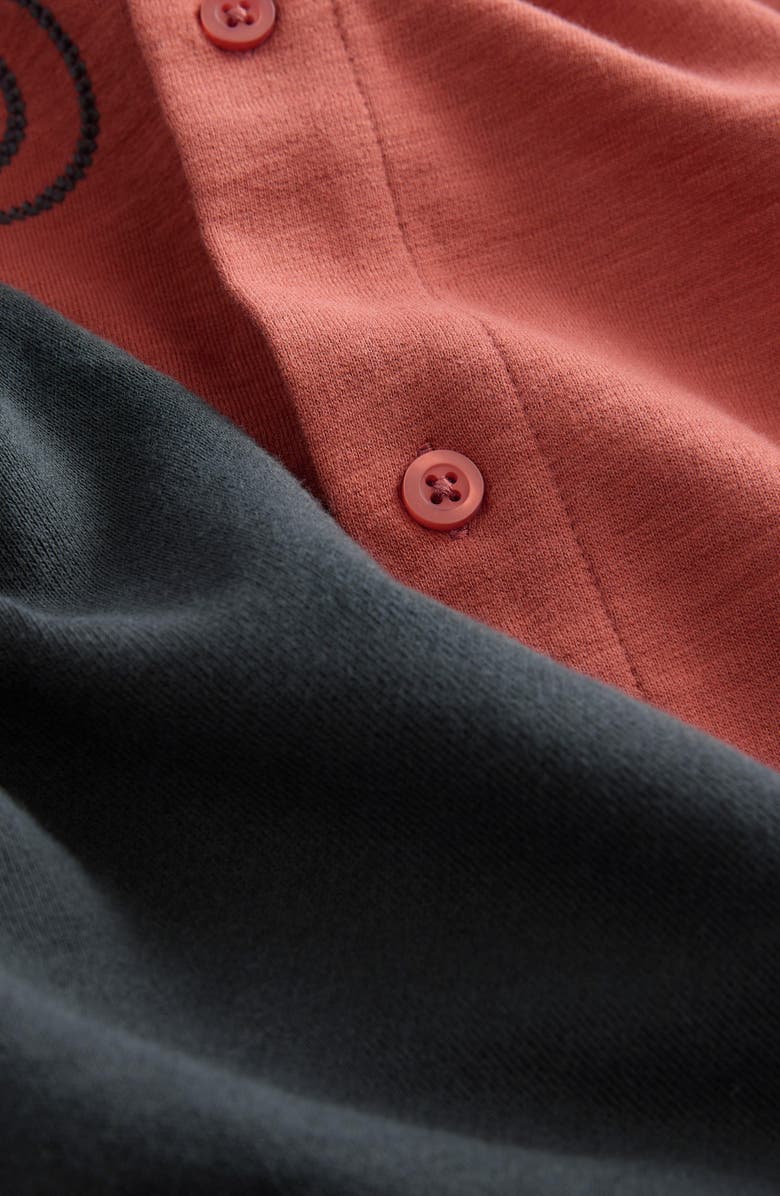 NEXT Kids' Embroidered Short Sleeve Knit Button-Up Shirt & Drawstring Shorts Set, Alternate, color, Dark Coral/ Black