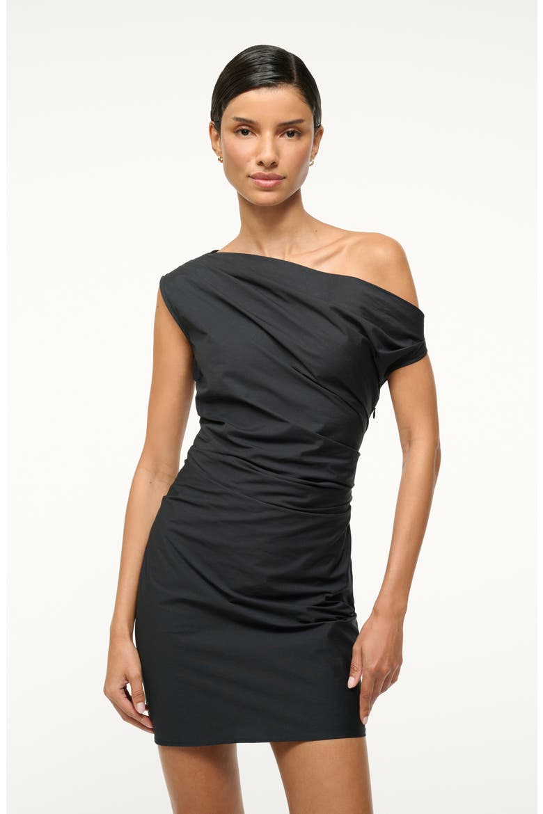 Phare One-Shoulder Woven Stretch Cotton Minidress, Alternate, color, BLACK