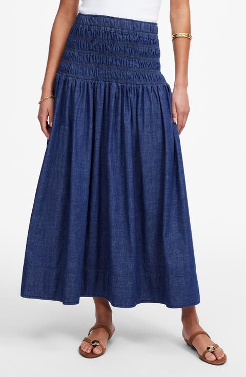 Smocked Denim Midi Skirt