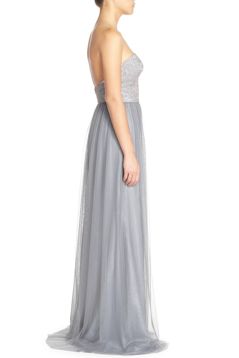 Strapless Metallic Lace & Net Gown, Alternate, color, SILVER/ PEWTER
