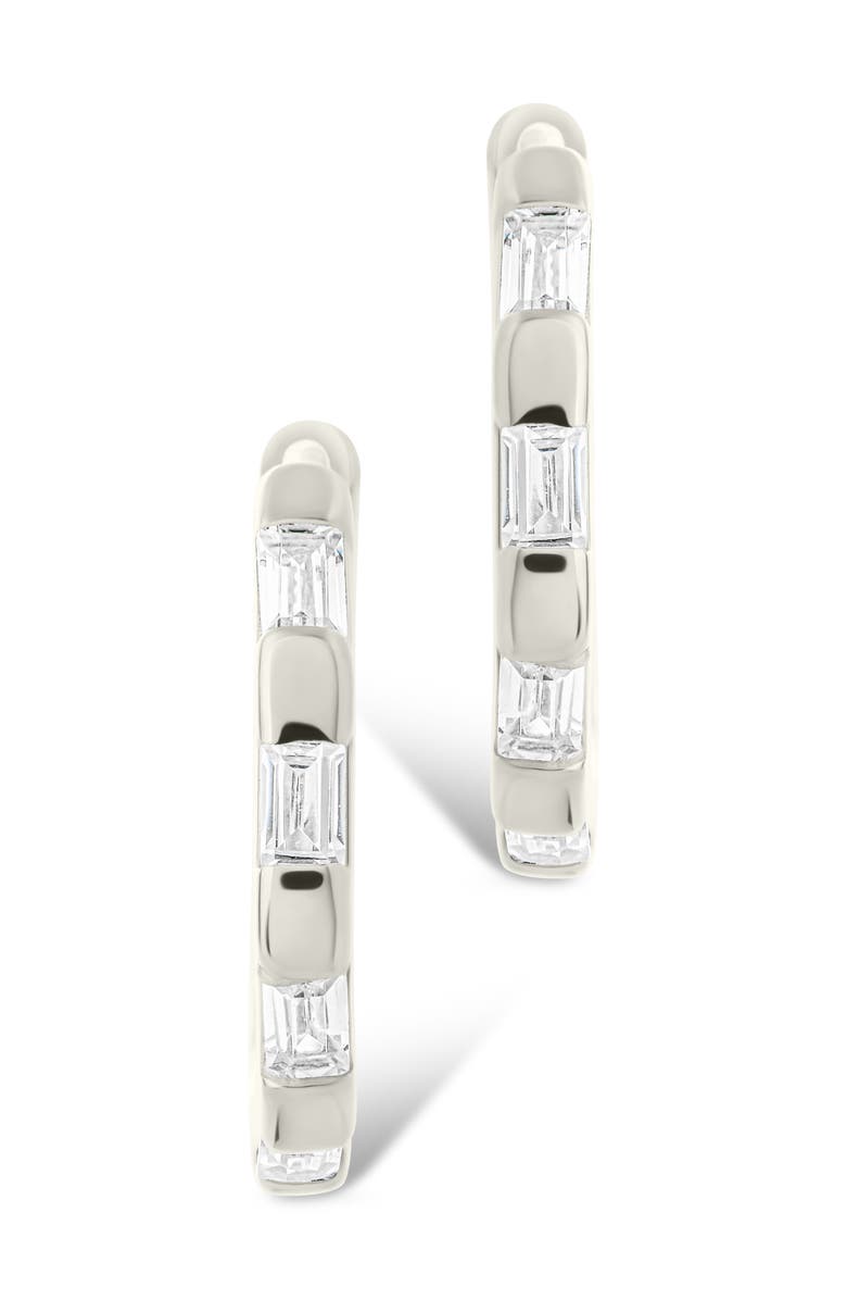 Sterling Forever Cubic Zirconia Baguette Hoop Earrings, Alternate, color, Silver