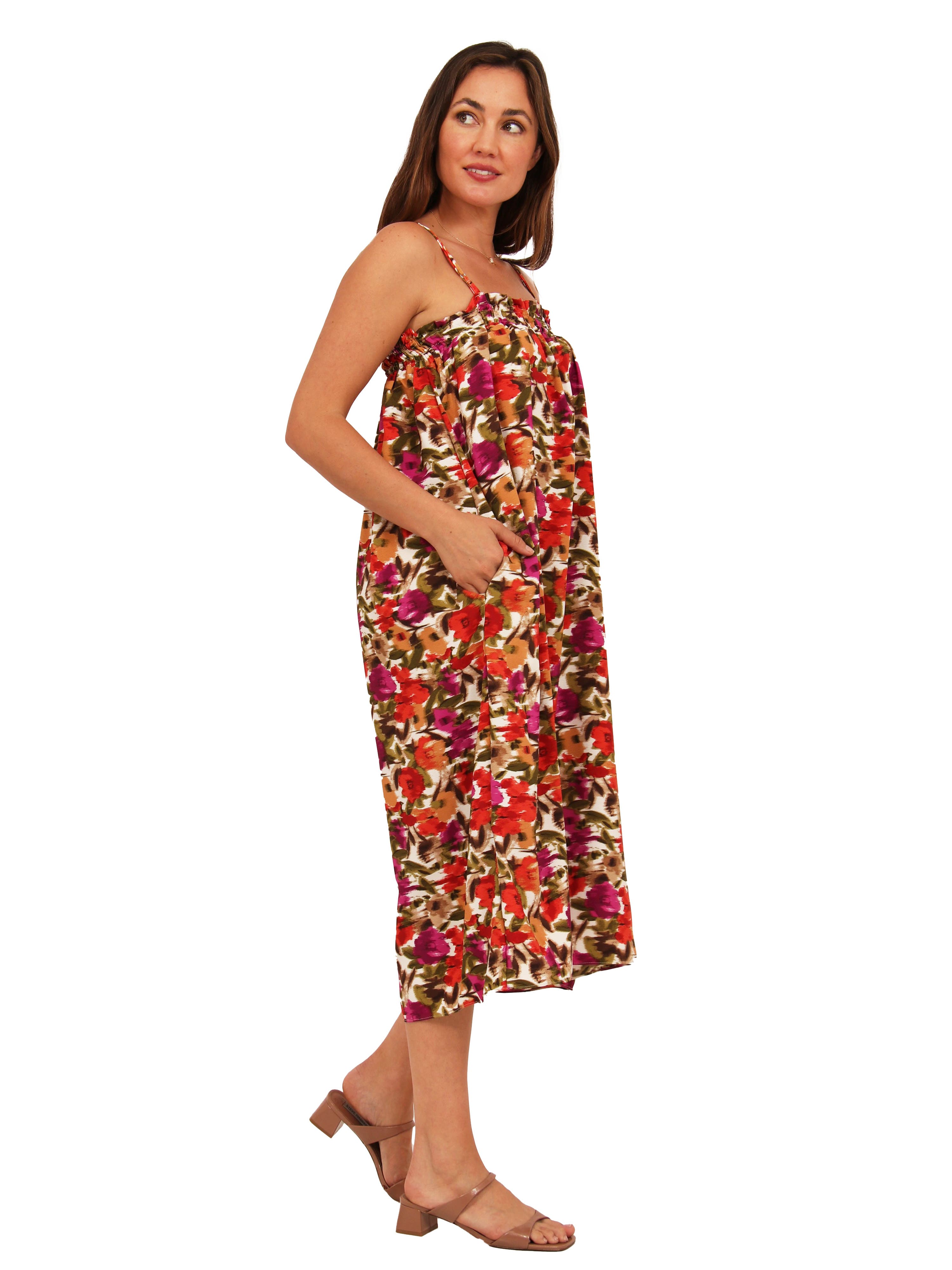 Womens Essential Abstract Print Spaghetti Strap Smocked Pocket A-Line Maxi Dress - image 2