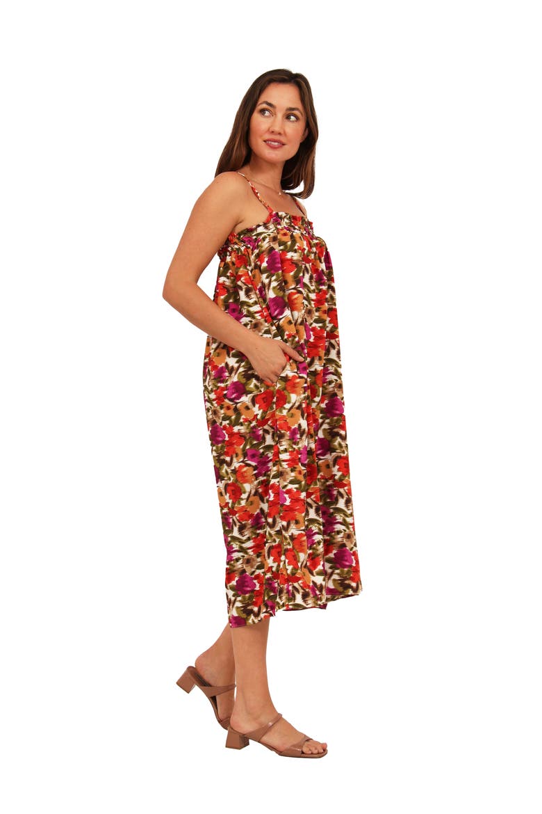 Womens Essential Abstract Print Spaghetti Strap Smocked Pocket A-Line Maxi Dress, Alternate, color, Red Multi