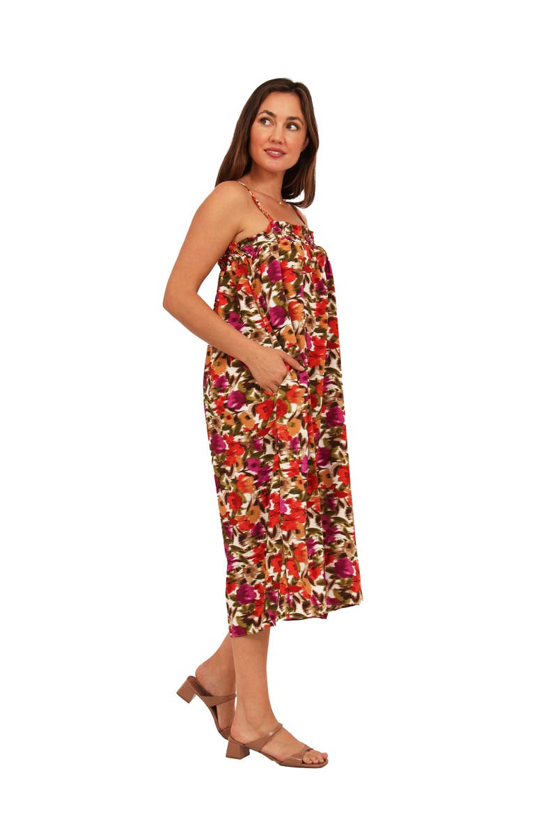 24seven Comfort Apparel Womens Essential Abstract Print Spaghetti Strap Smocked Pocket A-Line Maxi Dress, Alternate, color, Red Multi