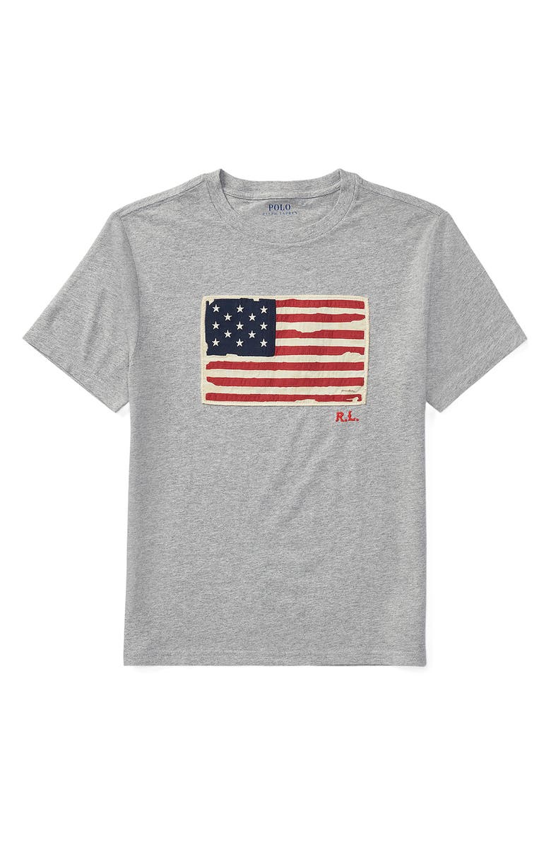 Polo Ralph Lauren Kids' Flag Appliqué Heathered Cotton T-Shirt, Main, color, 