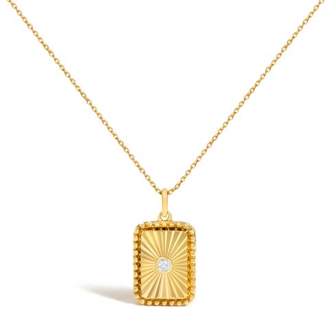 14K Yellow Gold Diamond Accent Rectangular Fluted Medallion Pendant Necklace
