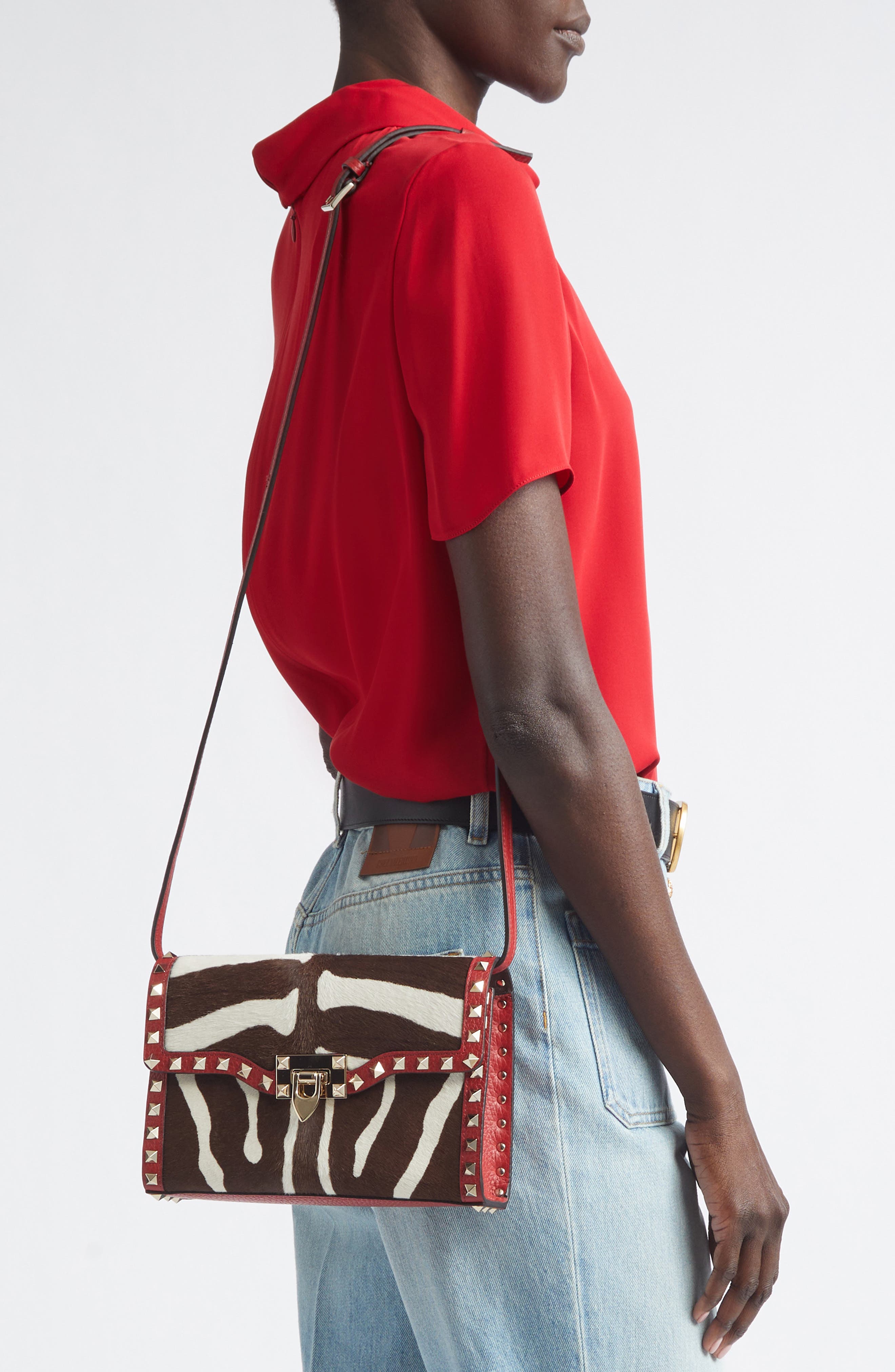 Small Rockstud Genuine Calf Hair & Leather Shoulder Bag, Alternate, color, RED
