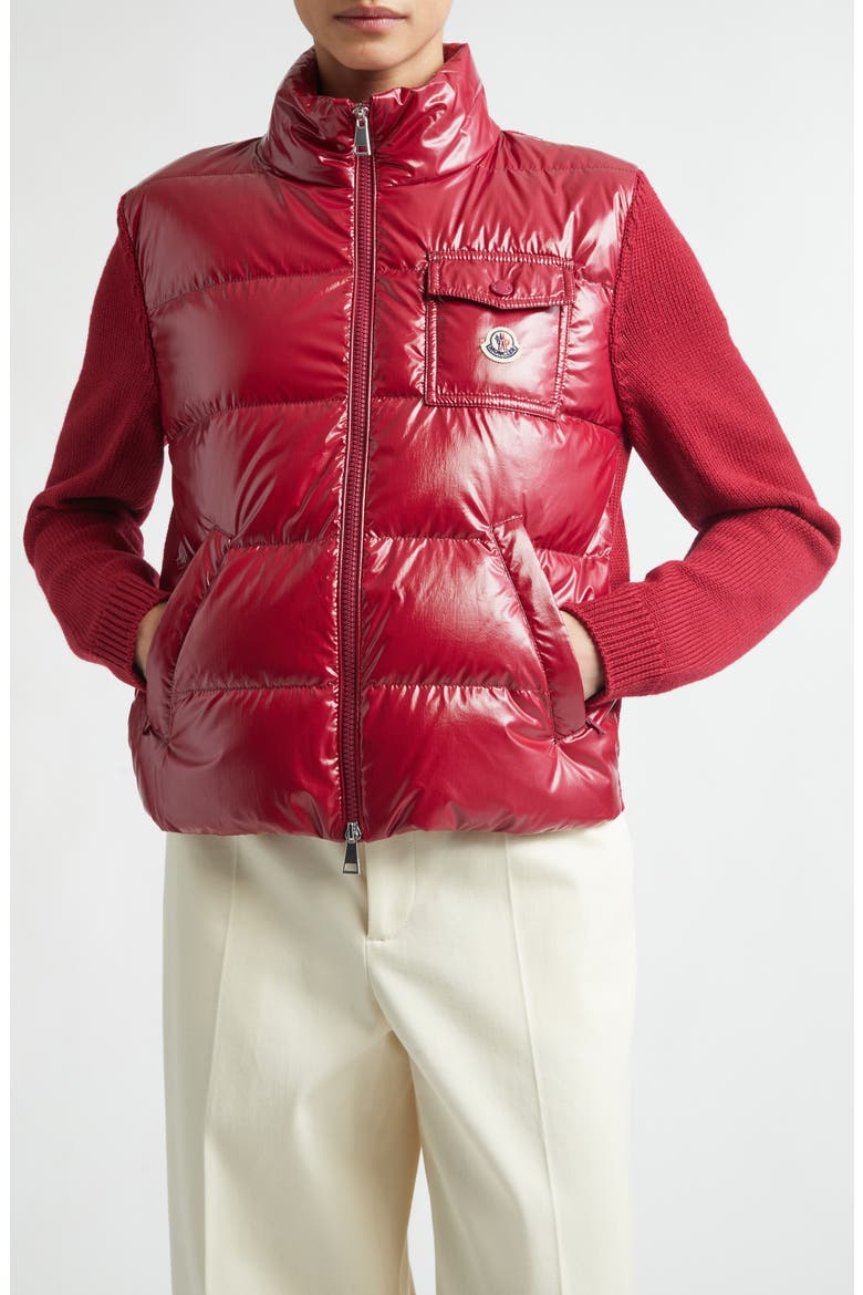 Mixed Media Quilted Down Puffer Cardigan, Main, color, RED