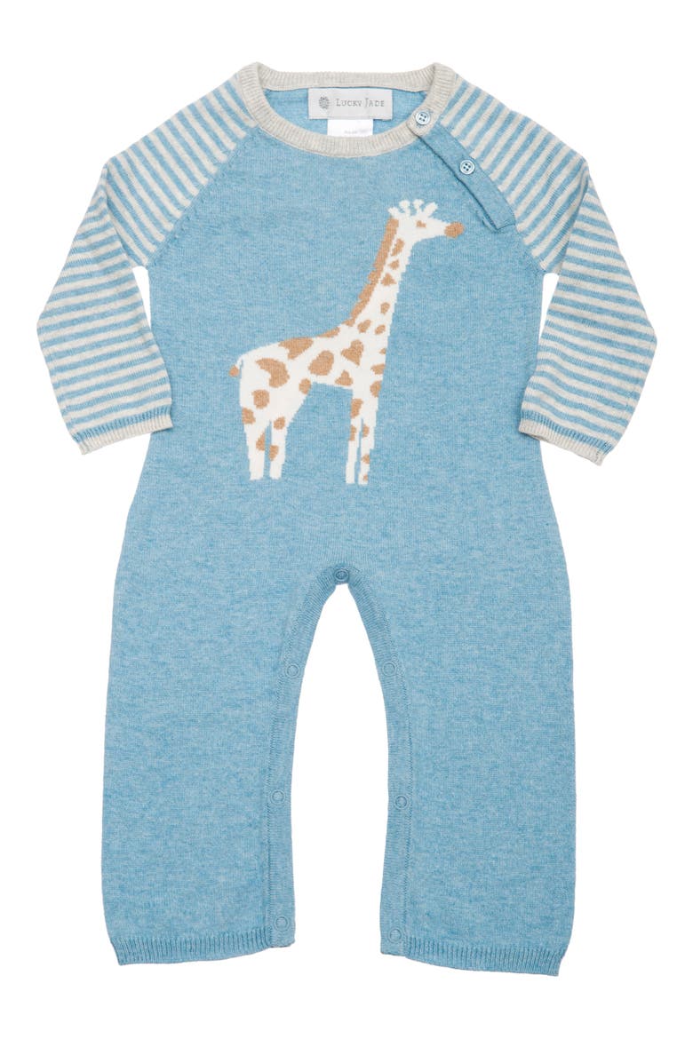 Cameron Giraffe Cotton & Cashmere Romper, Main, color, BLUE