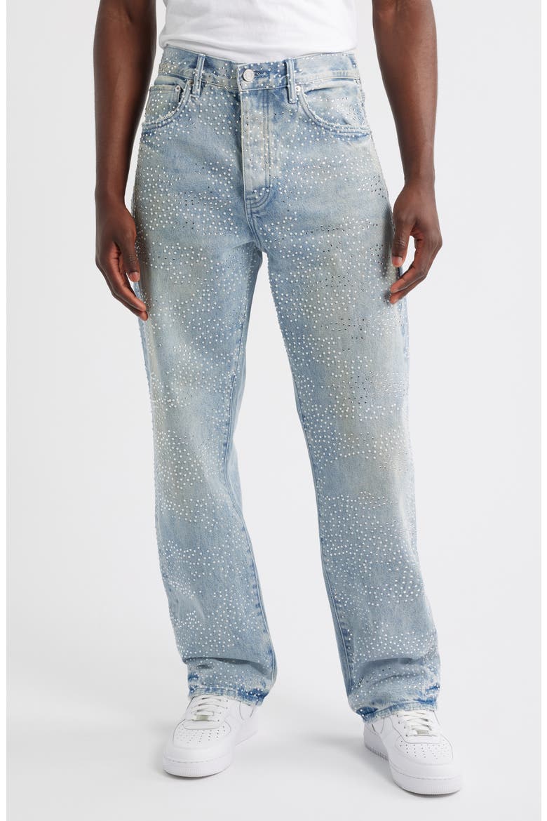 Sandstone Camo Hotfix Embellished Straight Leg Jeans, Main, color, LIGHT INDIGO