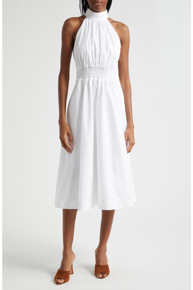 Kinny Smocked Cotton Blend Midi Dress, Main, color, WHITE