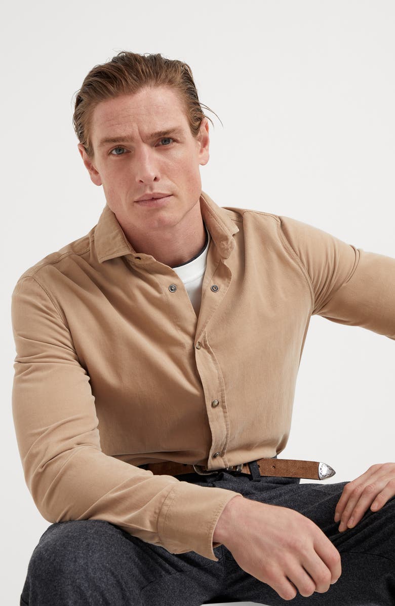 Brunello Cucinelli Garment-dyed narrow wale corduroy shirt with snap buttons, Alternate, color, 
