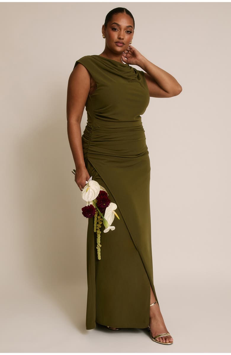 Six Stories Cowl Gathered Short Sleeve Bridesmaid, Alternate, color, Fern