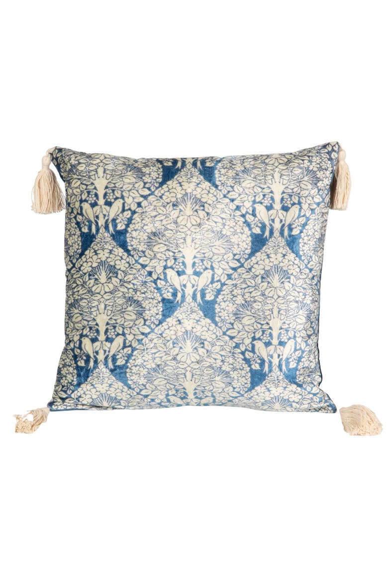 Cotton Blend Velvet Printed Pillow with Pattern and Tassels, Blue and Cream, Alternate, color, Blue