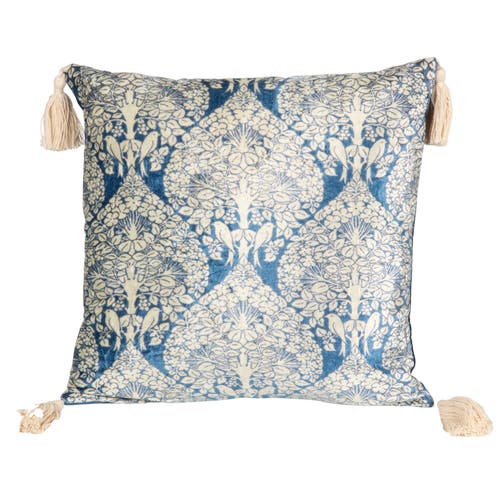 Storied Home Cotton Blend Velvet Printed Pillow With Pattern And Tassels, Blue And Cream Color