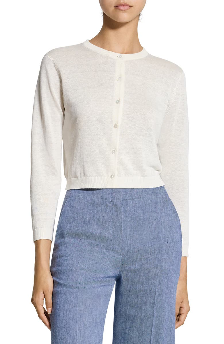 Theory Linen Blend Crop Cardigan, Main, color, Bone